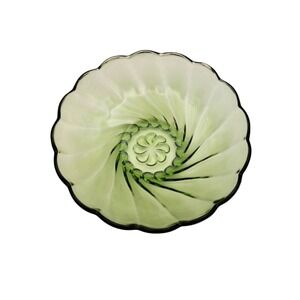 Vintage Green Glass Bowl Swirl Design Scalloped‎ Edge Serving Dish Centerpiece